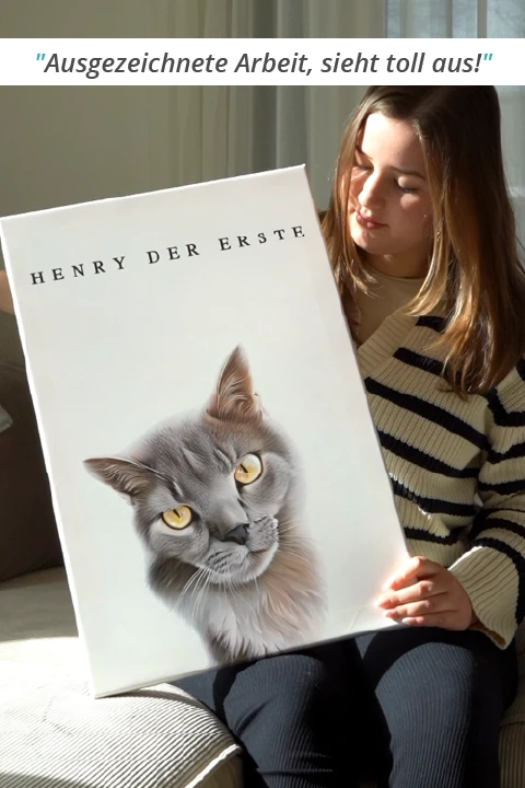 Kunde hält Haustierporträt auf Leinwand